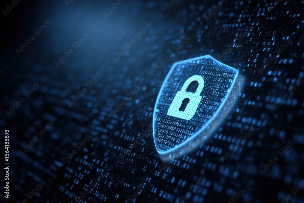 Poster a digital shield with an open padlock icon, surrounded by binary code on a dark blue background, sym