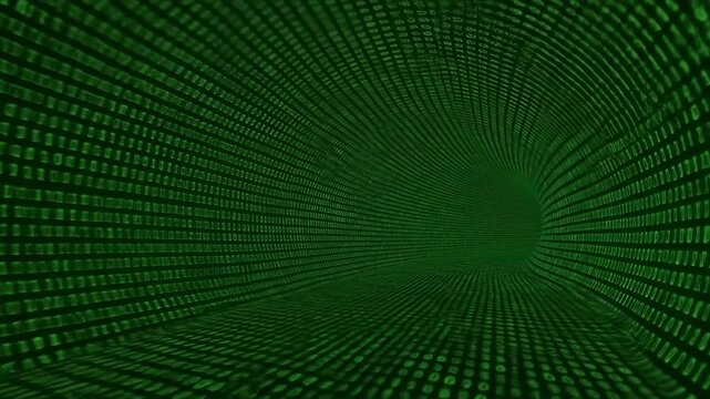 Green binary code tunnel, data stream, futuristic technology concept, cyberspace.