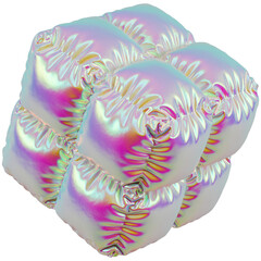 Balloon in the form of a cube. Abstract 3D shape in bright iridescent color isolated on a transparent background. Holographic paint shimmering from pink to blue.