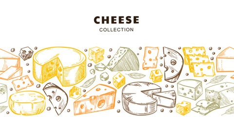 Seamless horizontal background with cheeses. Vector sketch illustration for dairy product packaging, menu, food banner