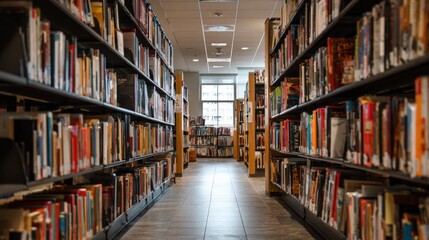Empty library aisle with books on shelves in quiet public library