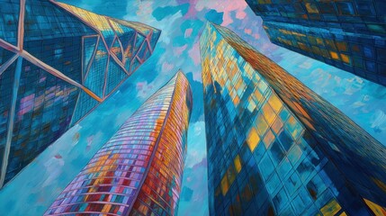 Cityscape Impression:  A Low Angle View of  Modern Skyscrapers Reaching for the Sky