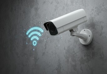 A white wireless security camera is mounted on a grey concrete wall