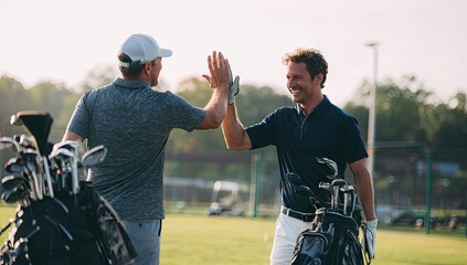 Two male golfers give a high-five, celebrating a successful round on a sunny golf course, their golf bags nearby