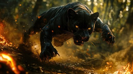 Black panther leaping through flames