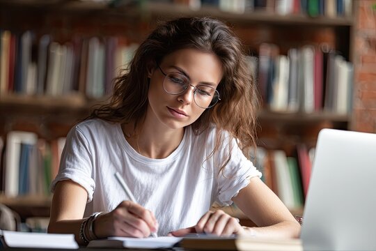 A focused young woman with glasses diligently writes in a notebook at a desk in a library, laptop beside her