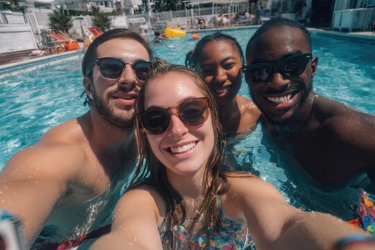 Four smiling friends take a selfie in a swimming pool on a sunny day. They are partially submerged, wearing sunglasses, and enjoying a summer gathering - Powered by Adobe