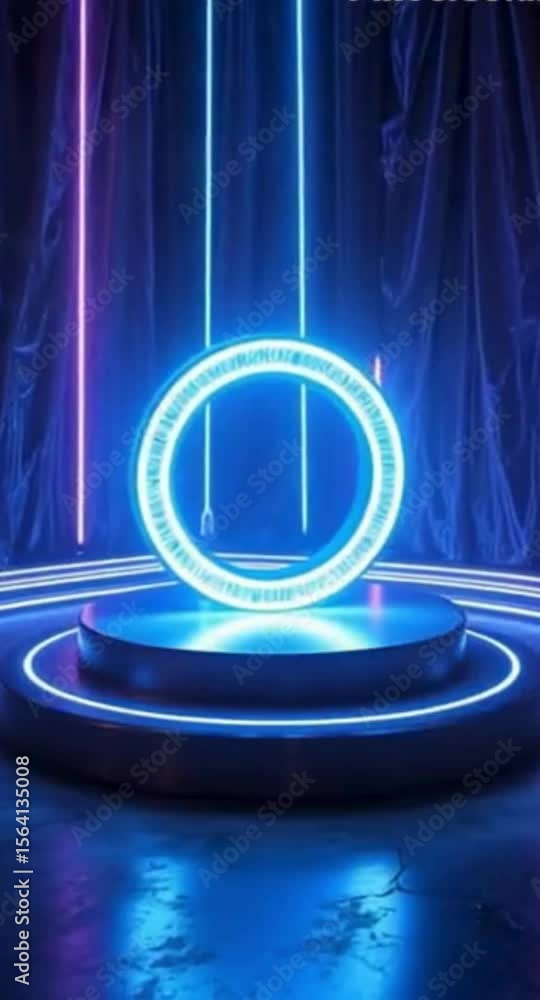 Poster futuristic neon stage with glowing circle and platform for product display or presentation