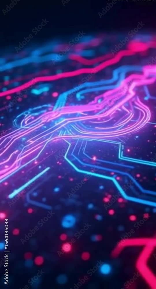 Poster abstract technology background with glowing circuit board lines and particles in blue and pink