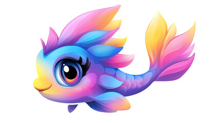 Cartoon fish floats with its rainbow colors showing yellow, pink, purple, and blue hues.