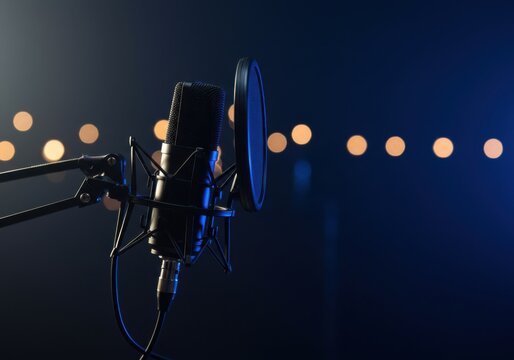 A professional microphone with a pop filter is mounted on a stand in a dark studio with blue lighting