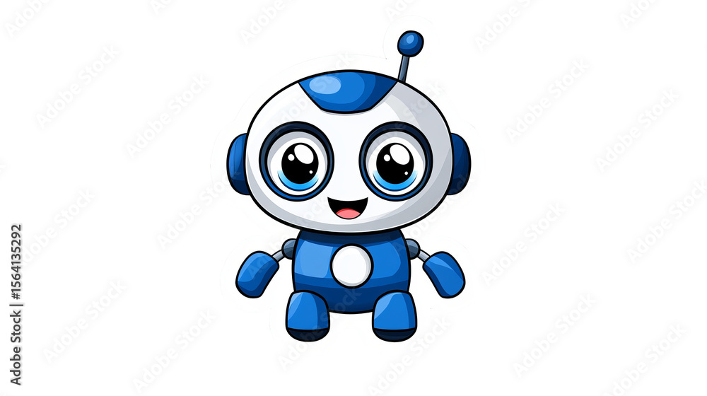 Poster cartoon robot smiles with blue and features on a surface. - high quality cartoon robot smiles with b