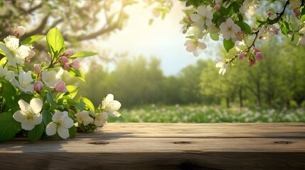Spring Blossoms Wooden Table Background Sunny Orchard