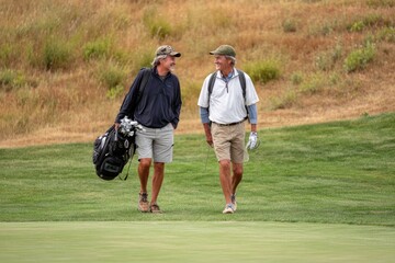 Two mature men, smiling, walk a golf course; one carries a golf bag, the other a glove.  Dry, grassy hills form a backdrop