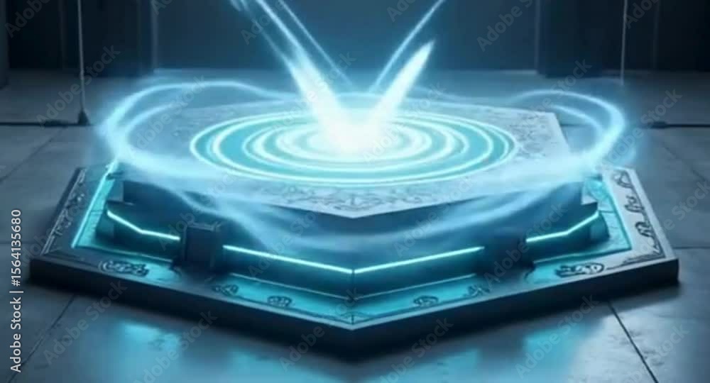 Poster futuristic hexagonal platform with glowing portal in a minimalist industrial setting science fiction