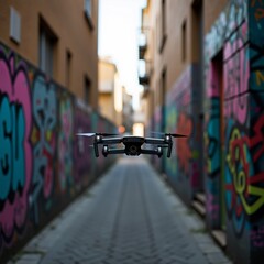 black drone flying over narrow alleyway colorful graffiti walls either side alleyway appears urban area buildings both sides alleyway sky visible background overall mood peaceful serene drone center
