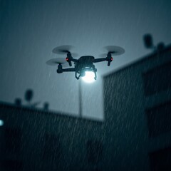 drone flying night sky drone black has four propellers hovering above building which appears residential area sky dark cloudy raindrops falling sky center bright light shining drone taken low angle