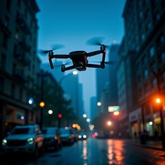 drone flying over busy city street night drone black has four propellers street lined tall buildings both sides cars driving road below sky dark street wet indicating has recently rained taken low