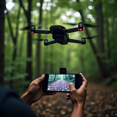 person holding smartphone their hands taking photo drone flying air drone black white color has four propellers hovering above forest floor covered fallen leaves background blurred appears wooded