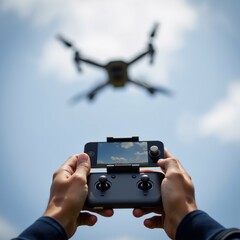 person hands holding black drone controller drone flying sky its four propellers spinning sky blue white clouds scattered across person holding controller their hands appears controlling drone taken