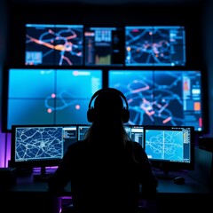 person sitting desk front multiple computer monitors person wearing headset appears working video game monitors arranged grid like pattern monitor displaying different game interface background dark