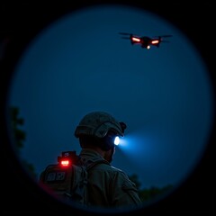person wearing helmet backpack looking drone flying sky drone red black color appears quadcopter person facing away camera their back turned towards drone background dark sky deep blue taken circular