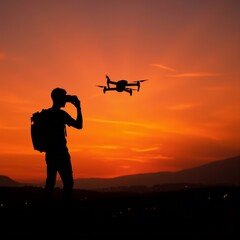 silhouette man standing top hill holding camera taking photo drone flying sky sky beautiful orange yellow color sun setting background man wearing backpack appears looking drone focused expression