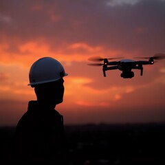silhouette person wearing white hard hat standing front beautiful sunset sky filled orange pink hues sun setting background center drone flying sky drone has four propellers camera attached person