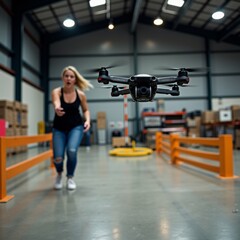 young woman warehouse flying black drone she wearing black tank top blue jeans white sneakers drone mid air its propellers spinning woman running towards drone her arms outstretched determined