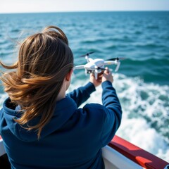 young woman boat holding small white drone her hands she wearing blue hoodie has long brown hair boat ocean waves crashing around her sky blue water beautiful turquoise color woman appears looking