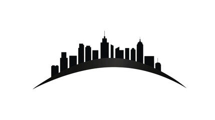 Fototapeta premium Cityscape silhouettes stand above a curved shape in monochrome darkness, creating a minimal urban skyline.