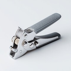 Obraz premium A sleek, grey-handled, silver metal hand tool with a textured grip, designed for fastening or joining materials, possibly using rivets or similar fasteners. It features adjustable components 