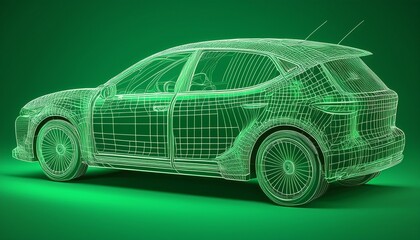 wireframe electric car on green background