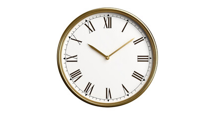 Clock shows the time using Roman numerals with golden hands and rim, situated against a isolated background.