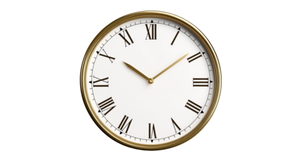 Clock shows the time using Roman numerals with golden hands and rim, situated against a isolated background.
