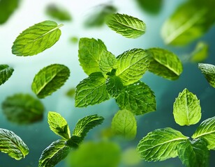 Naklejka premium floating mint leaves in soft focus