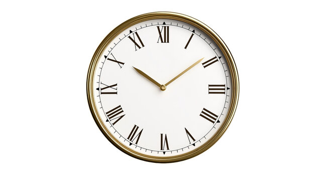 Clock shows the time using Roman numerals with golden hands and rim, situated against a isolated background. - Powered by Adobe