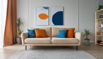 modern living room with beige sofa and blue orange pillows in minimalist interior design
