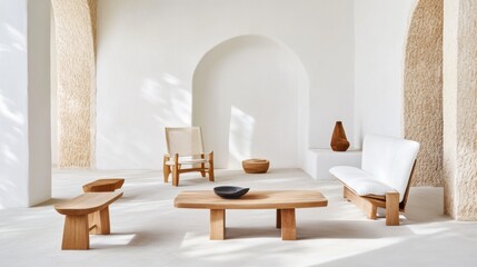 A soft, neutral interior showcasing a clean archway in a white wall, paired with wooden accents and streamlined furnishings. Natural sunlight reveals the texture of wood and plaster.