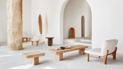Contemporary minimalist space with whitewashed walls, a beautifully shaped arch, and light-toned wood accents. Filled with soft daylight, the scene captures harmony between materials and modern style.