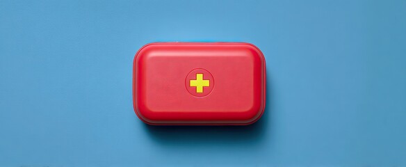 A small, rectangular, red first-aid kit with a yellow cross sits on a blue background