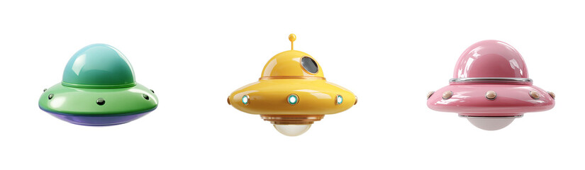 Sticker pack with cartoon 3D flying saucers, 3d icons on a space theme