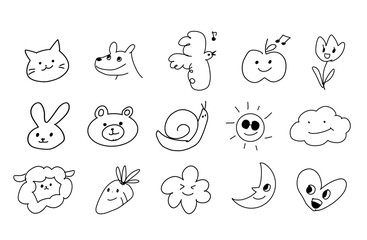 手書き線画のかわいい動物と自然アイコン詰め合わせセット