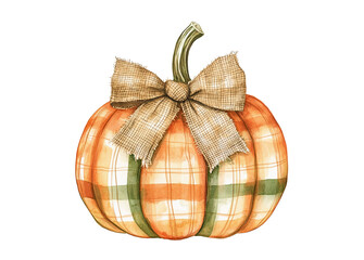 Hand-painted watercolor plaid pumpkin with rustic burlap bow. Ideal for cozy fall decor, Thanksgiving cards, and autumn printables.
