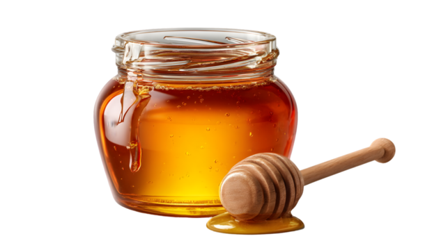Organic Honey Jar with Dipper and Golden Syrup on White Background
