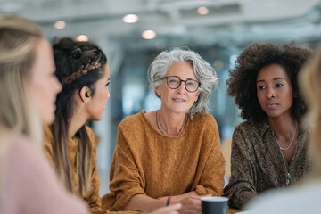 A group of diverse women, led by a mature woman with gray hair and glasses, engage in a seated conversation, displaying attentiveness and camaraderie in a bright, modern setting