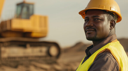 Fototapeta premium Confident African male construction or mining worker, yellow safety helmet and work shirt, standing folded arms in front of a large yellow dump truck. Mining or construction site. professionalism and 