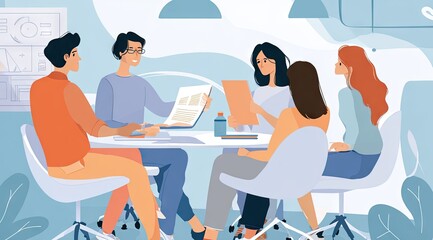 A group of five young adults sits around a table in a light-blue office, engaging in a collaborative meeting, reviewing documents