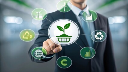 Businessman touching a digital interface displaying icons for green energy and sustainability