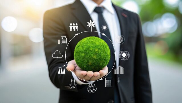 Businessman holding a green globe surrounded by icons representing business and sustainability